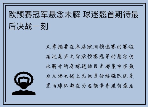 欧预赛冠军悬念未解 球迷翘首期待最后决战一刻